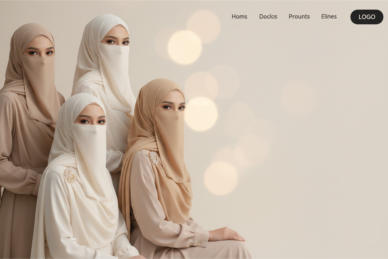 Luxury, peaceful website header for a modest brand selling hijabs, niqabs, and hijab accessories only. A small group of women wearing hijabs and niqabs only — no abayas. Soft neutral tones (beige, ivory, muted gold), clean minimal background, elegant flowing fabrics, neat accessories. Calm, premium, and trustworthy mood. Soft natural lighting. Leave space for logo and text.